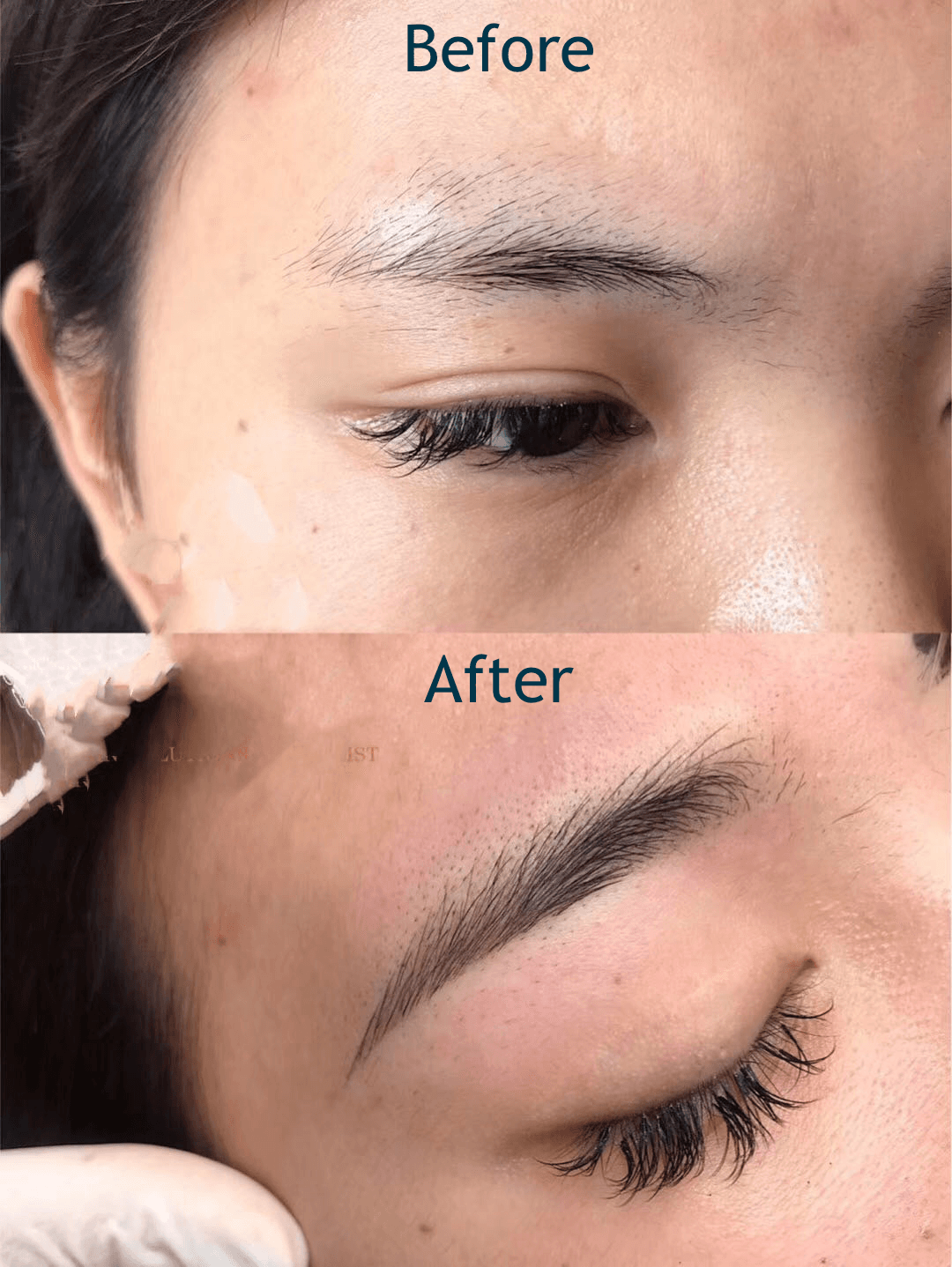 Before and after comparison showing fine hair-stroke eyebrow work